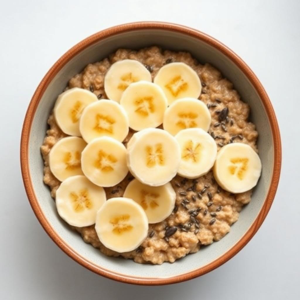 Sliced banana coins on top of a bowl of oatmeal with chia seeds, overhead view