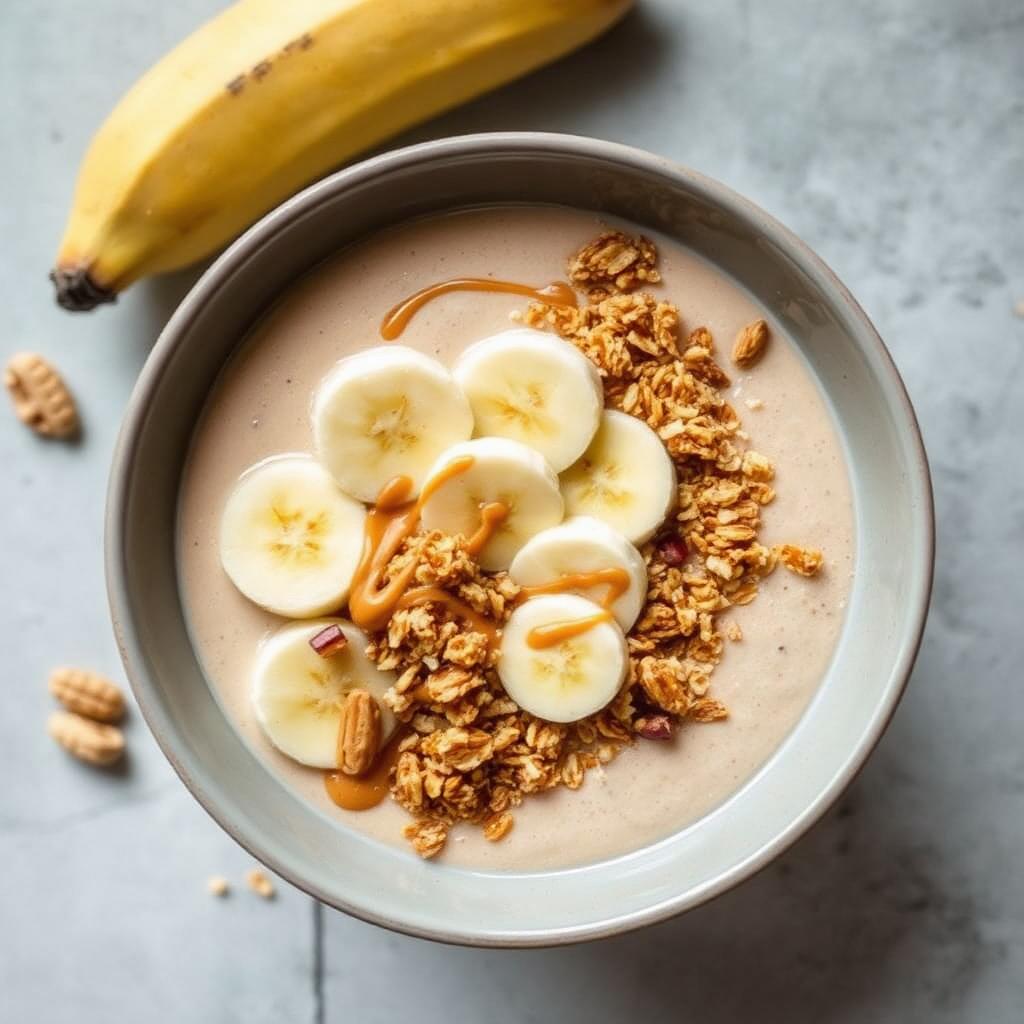 Creamy banana smoothie bowl topped with banana slices, granola and peanut butter