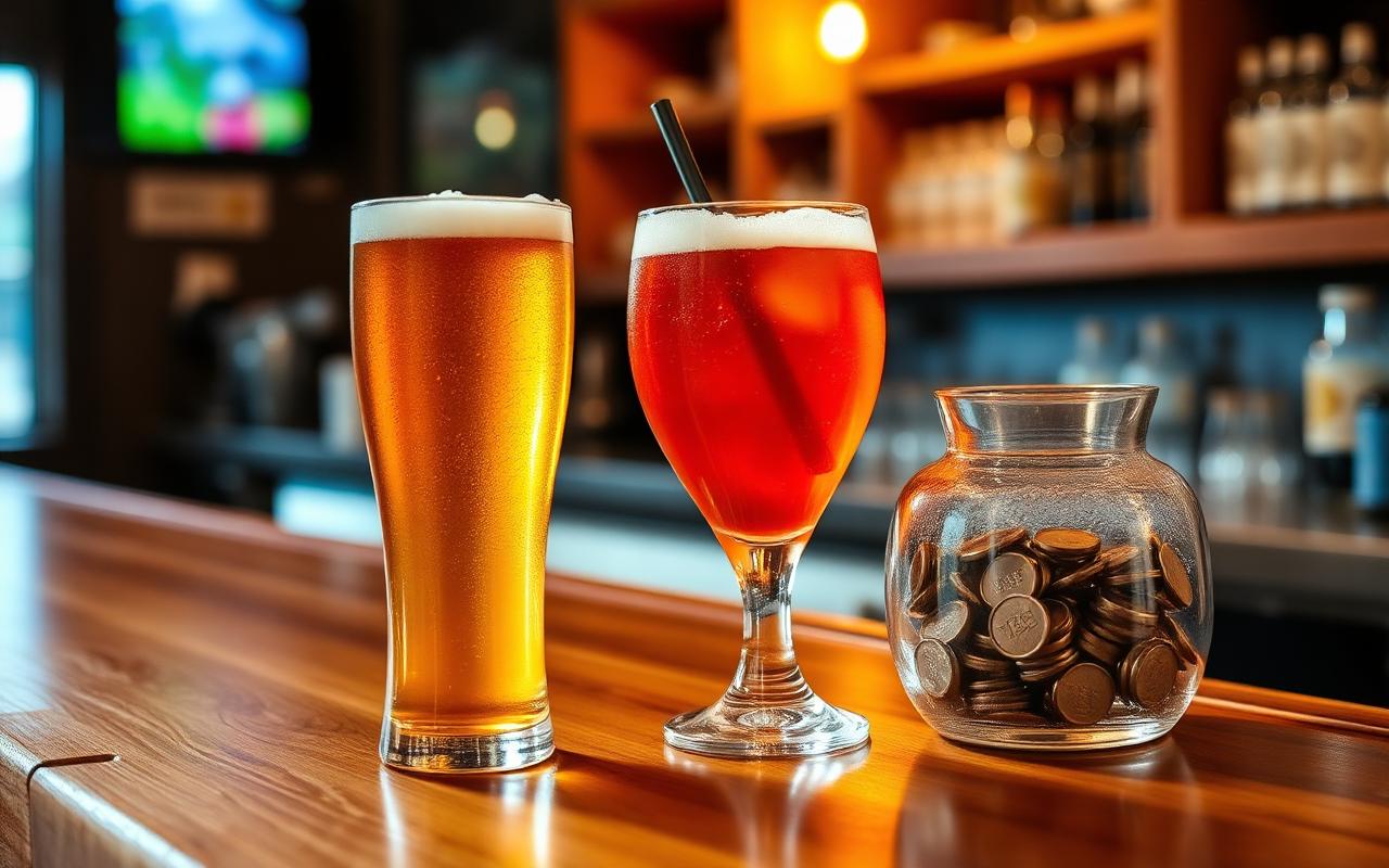 Beer and cocktail on a bar counter beside a glass tip jar of coins