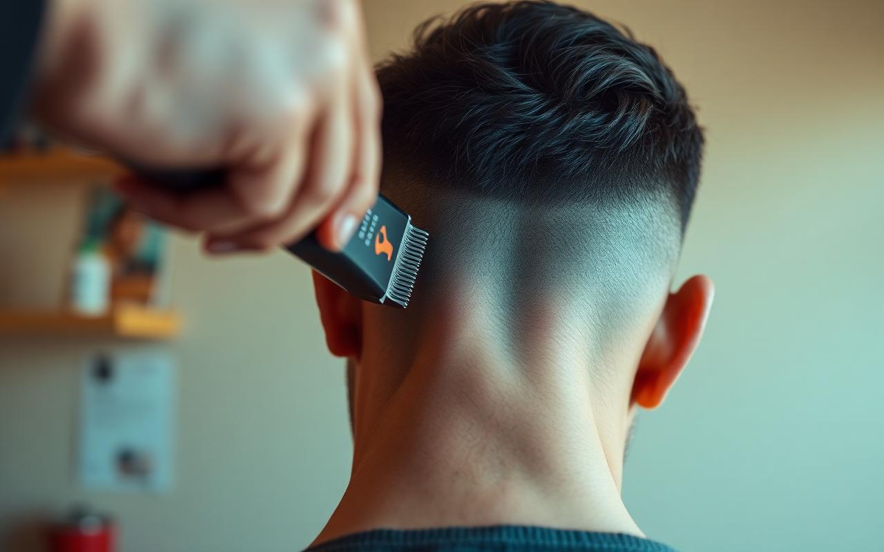 Barber using clippers to fade the back of a client hair in a barbershop
