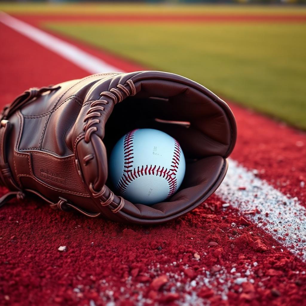 A worn brown leather baseball glove holding a ball on red infield dirt at sunset