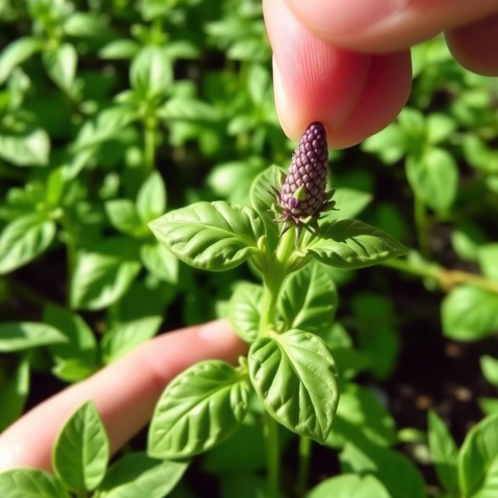 A small purple flower spike emerging from the top of a basil plant being pinched off by fingers close up of green foliage in a sunny herb garden