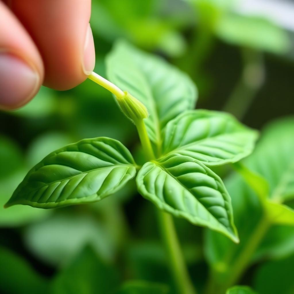 Close up of fingers pinching the top growing tip of a basil plant just above a pair of leaves