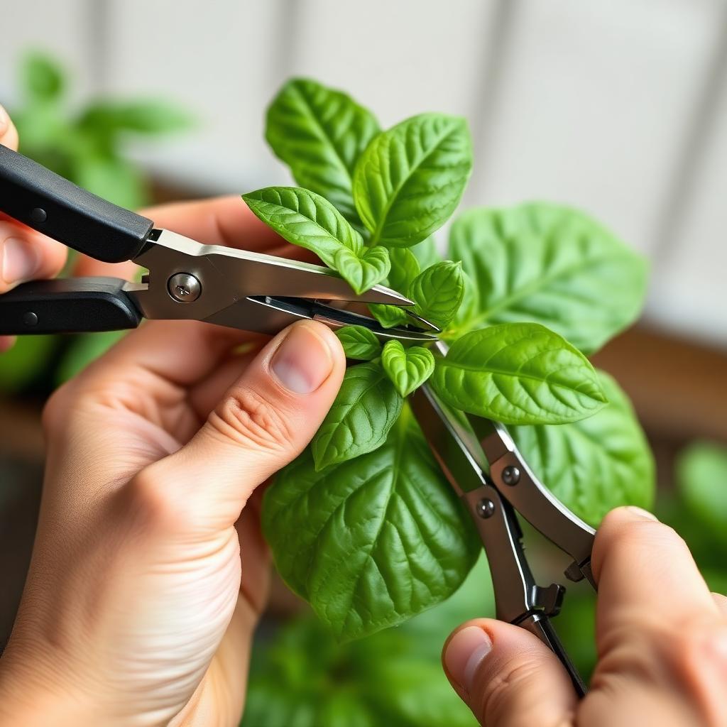 Hands using shears to pinch a basil stem above a leaf node