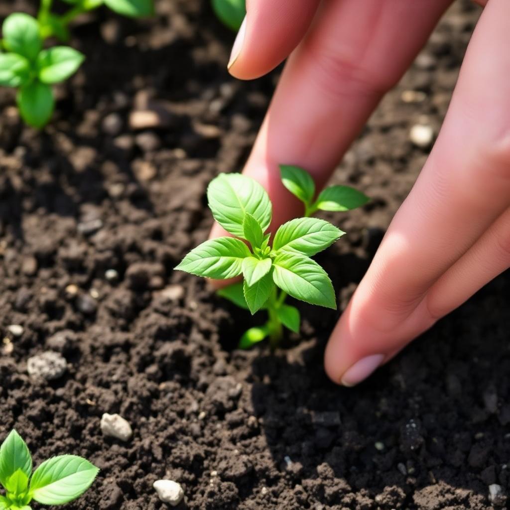 A young basil seedling being transplanted into garden soil with bare hands close up bright green leaves