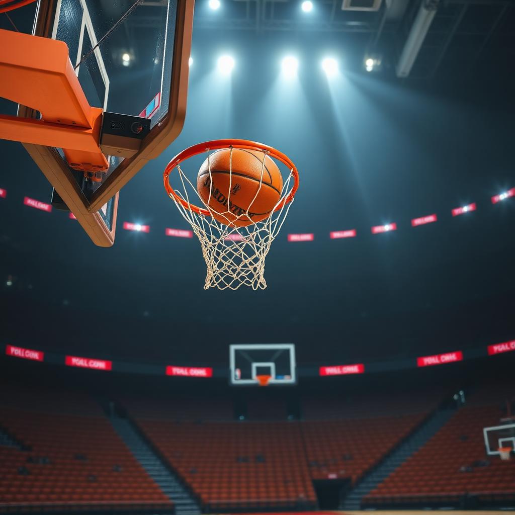 An orange basketball mid air swishing cleanly through a hoop net in a dim empty arena with dramatic overhead spotlight.