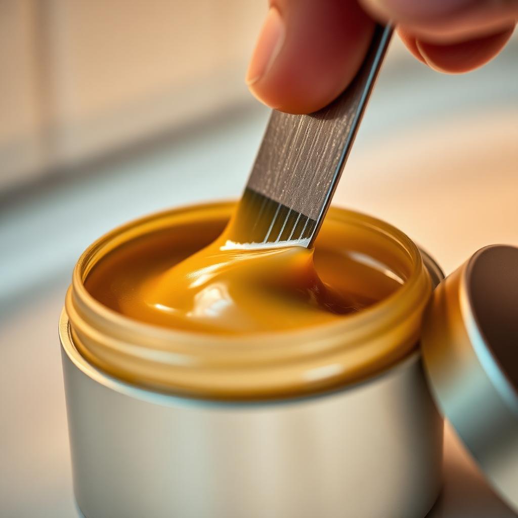 A thumbnail scraping soft amber beard balm from an open tin, macro close-up