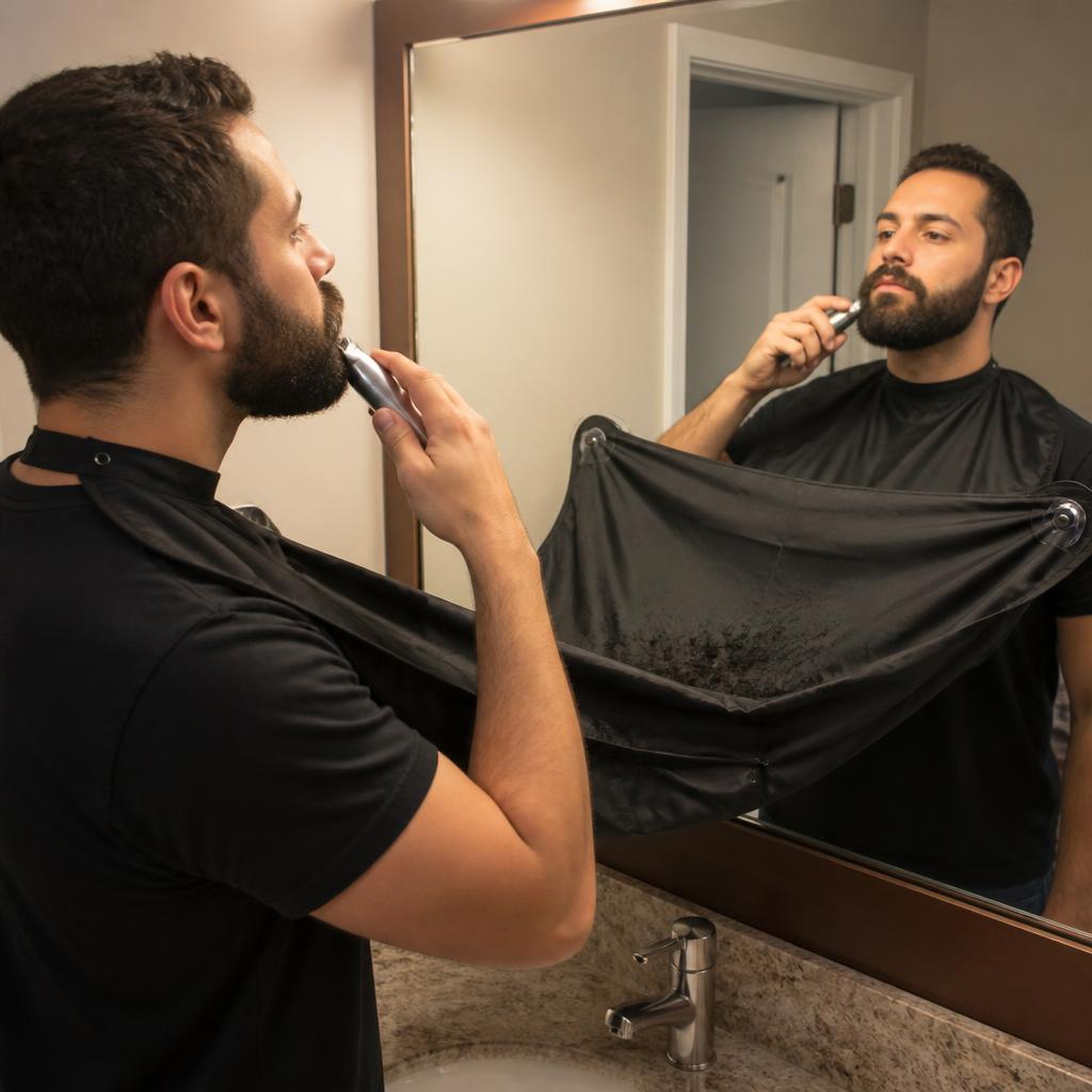 A man wearing a black nylon beard trimming bib apron attached with suction cups to a bathroom mirror while trimming his short beard with a small electric trimmer as tiny whiskers fall onto the bib