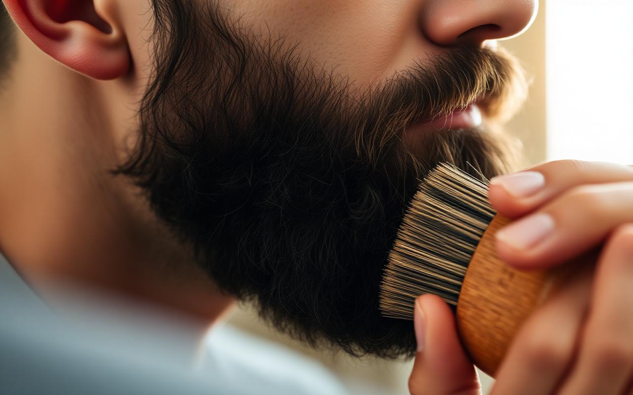Close up of a man brushing his beard with a wooden boar bristle beard brush in front of a bathroom mirror in warm morning light