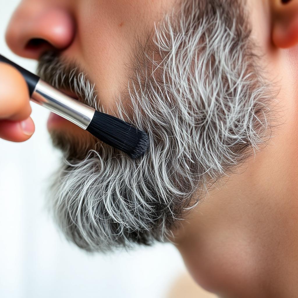 Close up of a small black tinting brush painting dark dye onto a graying salt and pepper beard along the jawline of a man in his forties in side profile under natural bathroom light