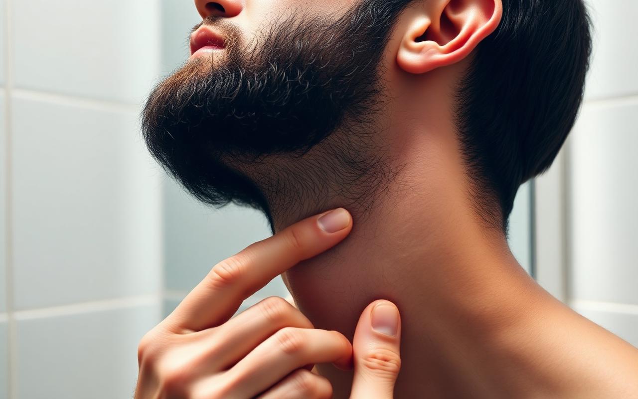 Man holding two fingers above his Adam apple to check the two finger rule for a clean beard neckline in a bathroom mirror