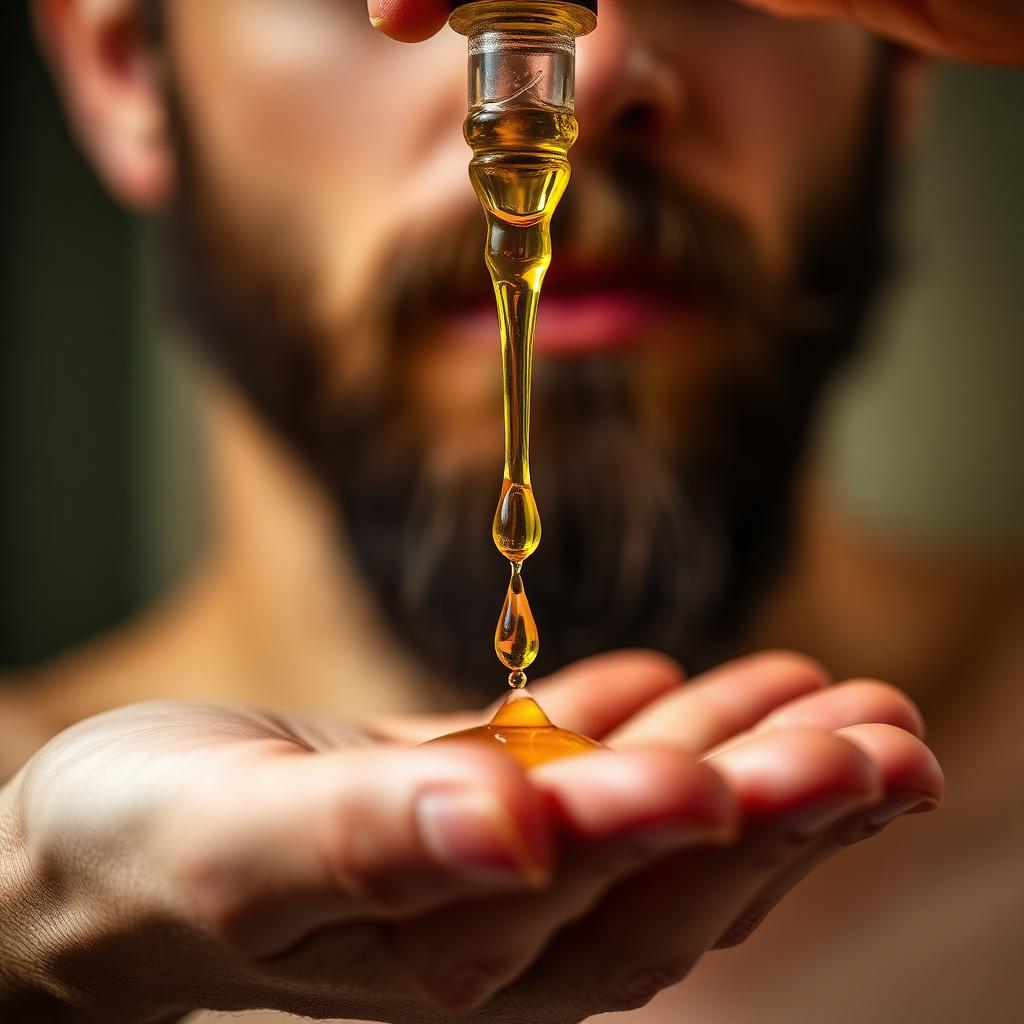 Golden beard oil drops falling from a glass dropper into an open palm over a dark beard