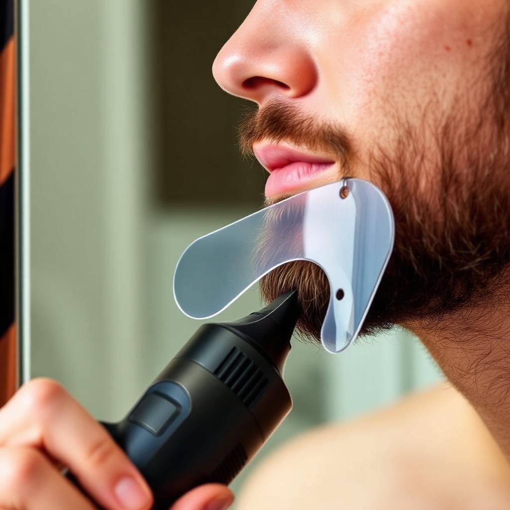 Clear shaping stencil held along the cheek while a detail trimmer traces the guide edge