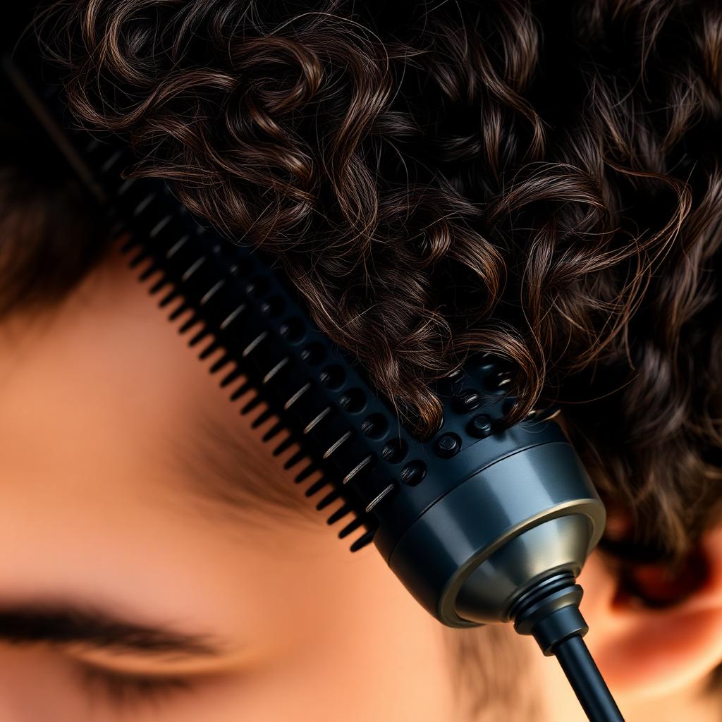 Heated ceramic bristle brush passing through thick curly facial hair to smooth it
