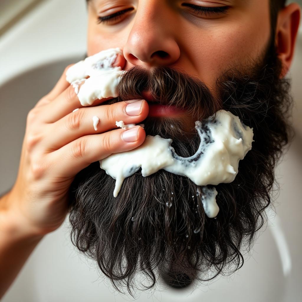 Hands massaging white creamy beard wash lather into a full beard over a bathroom sink