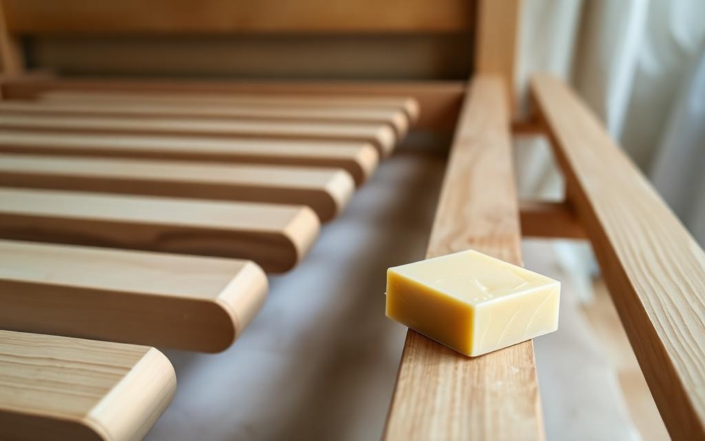 Wooden bed slats lifted from a frame with a pale block of beeswax on the rail ready to lubricate the contact points