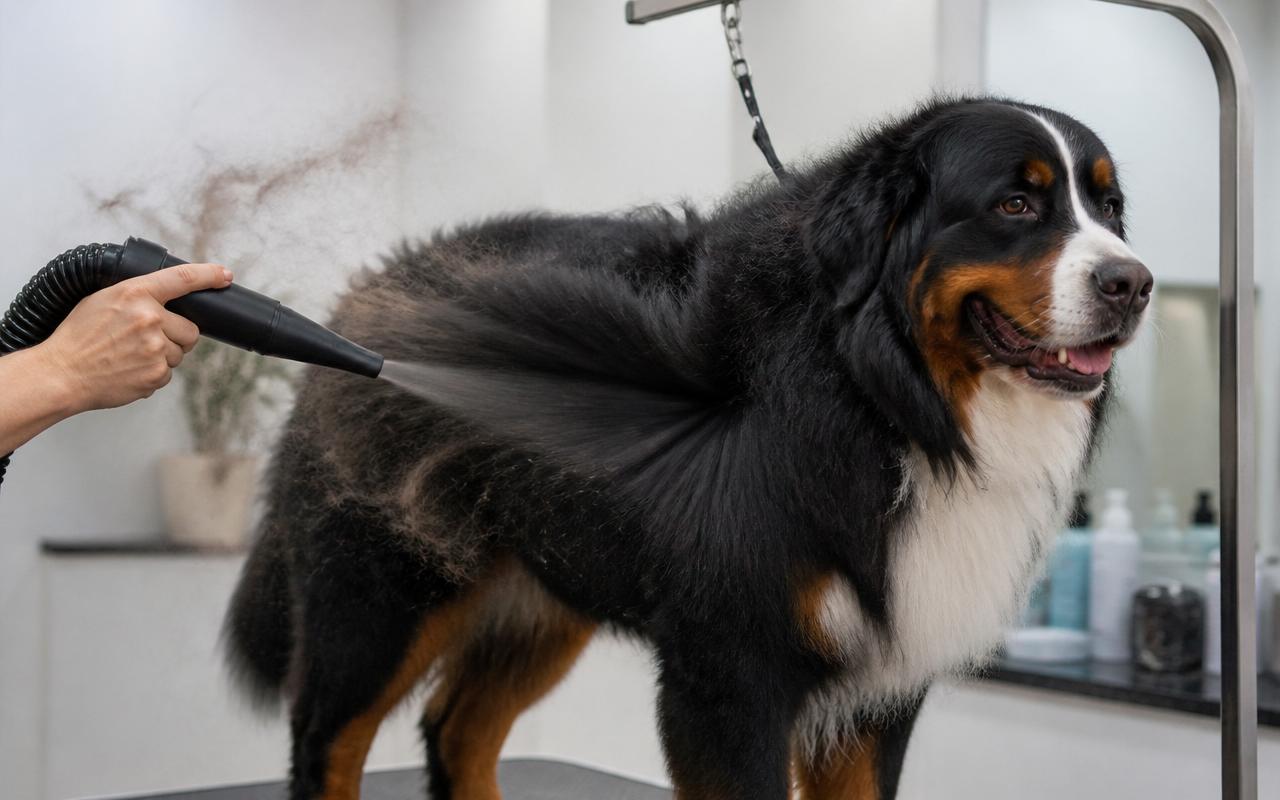 Matte black high velocity pet dryer nozzle blowing air through the thick black and rust coat of a Bernese Mountain Dog