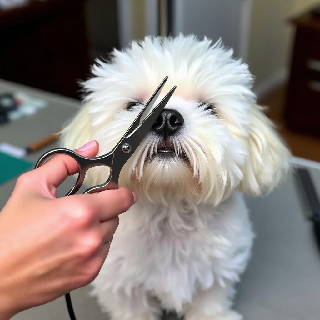 Hands trimming the muzzle of a white Bichon Frise into a round shape with curved grooming shears on a home grooming table