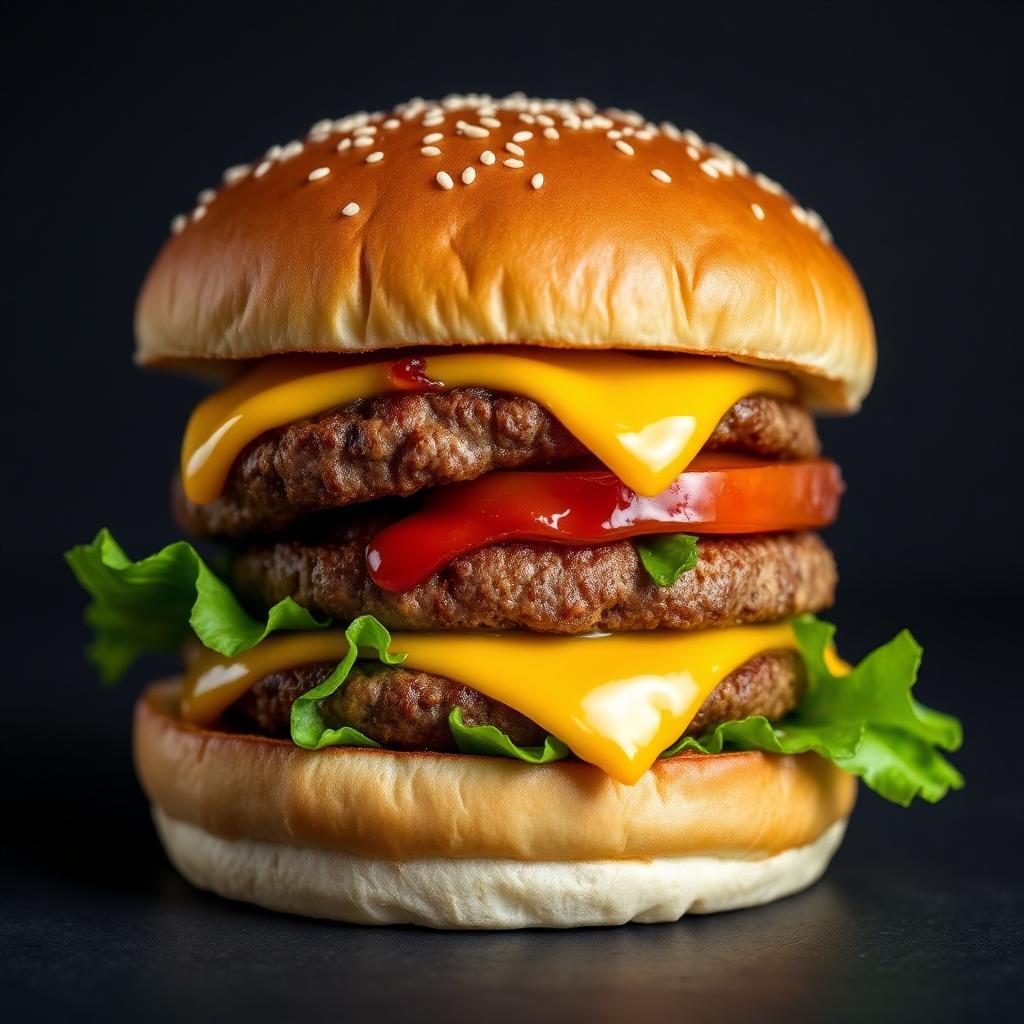 McDonald's Nutrition Facts: A classic stacked cheeseburger with two beef patties, melted cheese, lettuce and ketchup on a sesame seed bun