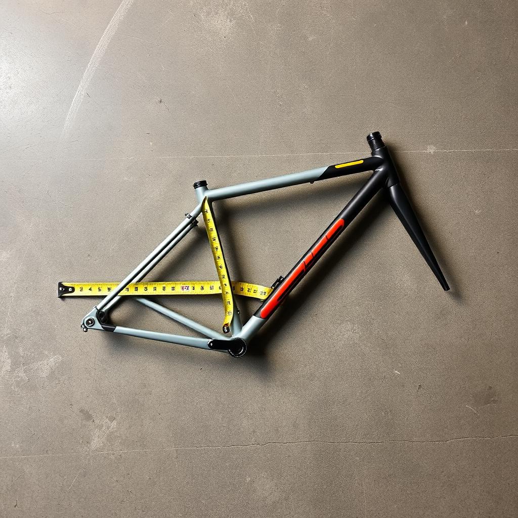 A measuring tape stretched alongside a bicycle frame triangle on a concrete workshop floor