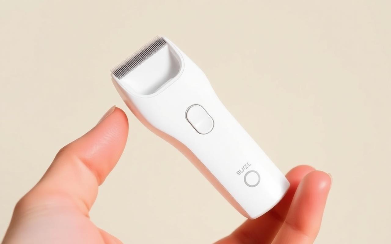 A hand holding a compact bikini trimmer with a snap-on safety guard on a plain neutral background