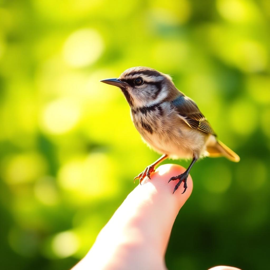 A small songbird perched on a person's outstretched finger in a sunlit garden, an image of the gentleness associated with St. Francis of Assisi