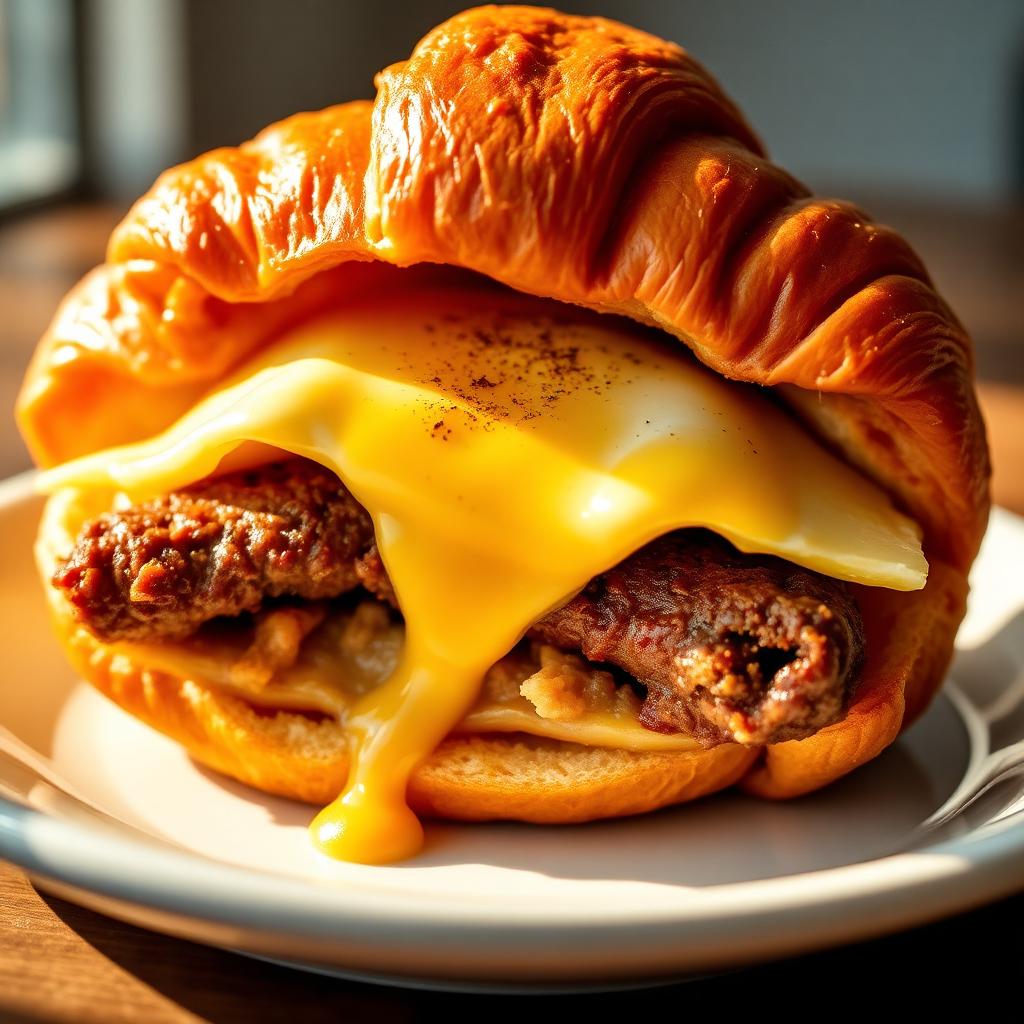 the Burger King Nutrition Facts: Croissant breakfast sandwich with egg, sausage and melted cheese on a plate