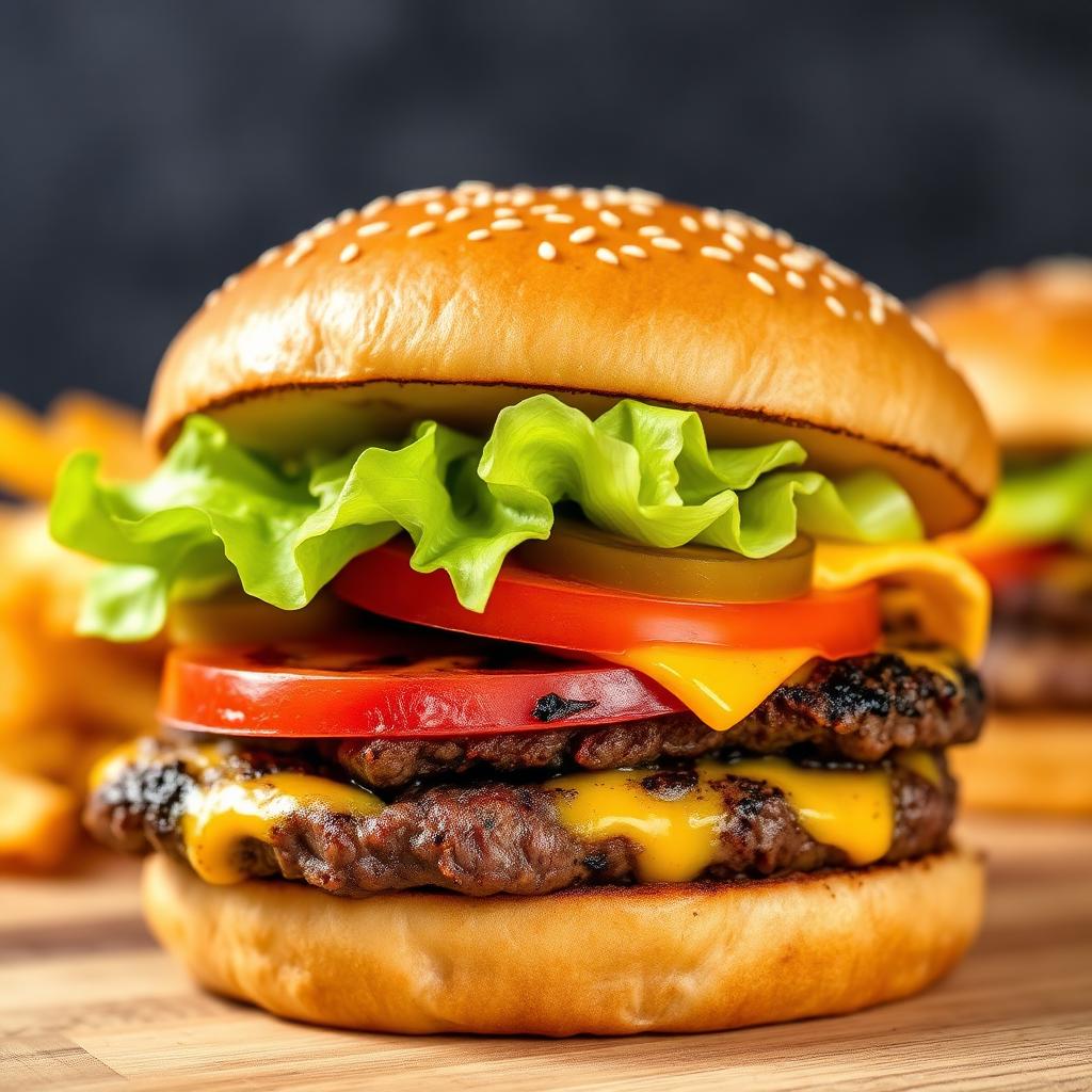 Flame grilled beef burger with lettuce, tomato, pickles and melted cheese on a sesame bun