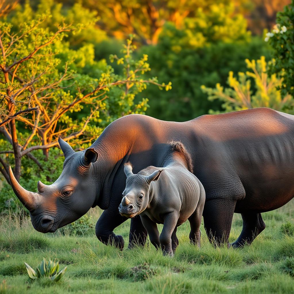 A black rhinoceros mother and her calf walking together through a green African nature reserve at sunset
