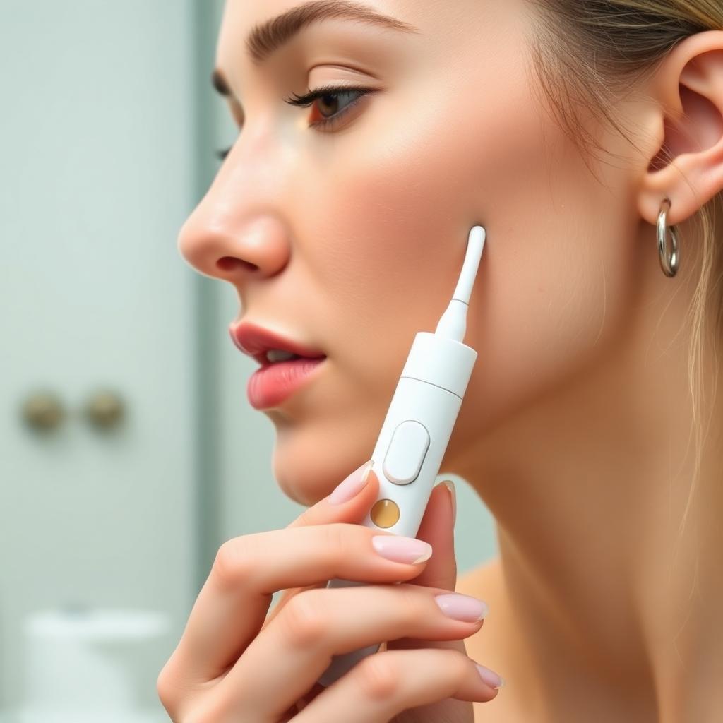 A woman moving a small white electric blackhead vacuum wand along the side of her nose in front of a bathroom mirror