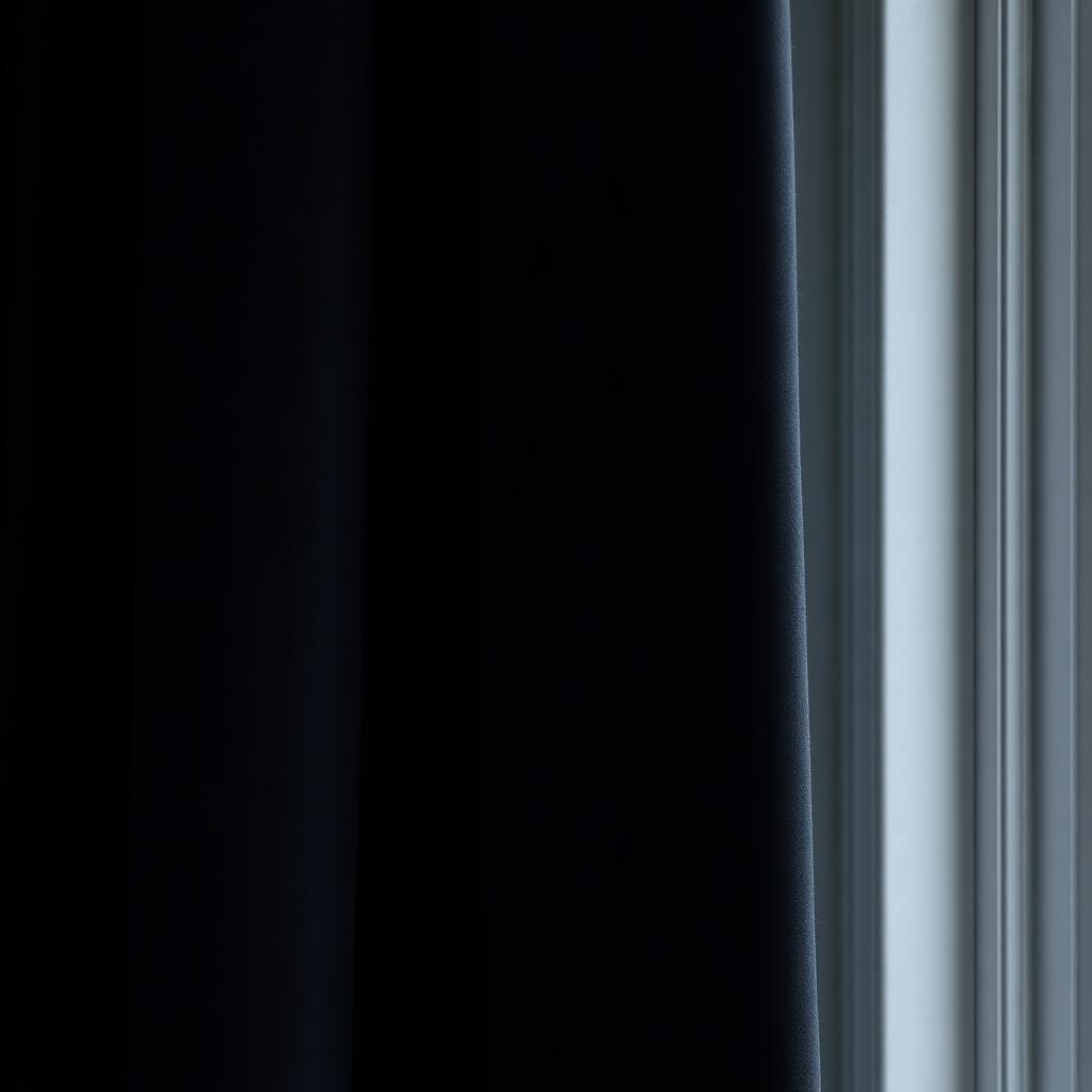 Detail of a heavy dark navy blackout curtain fabric hanging in soft folds against a white painted window frame with muted low light
