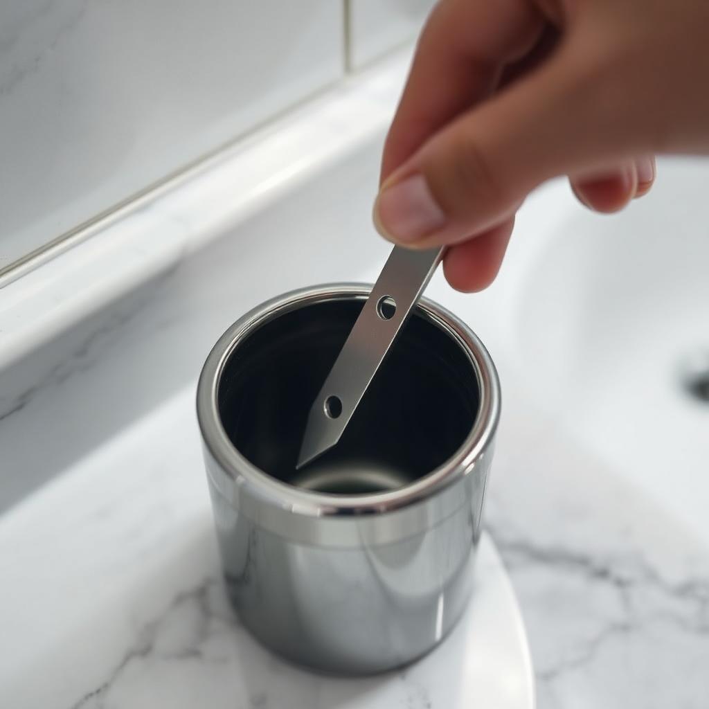 A hand sliding a used double-edge razor blade into the narrow slot on top of a small unbranded metal disposal tin on a marble bathroom counter