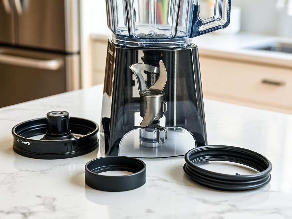 Disassembled blender with the blade assembly and gasket on a marble counter