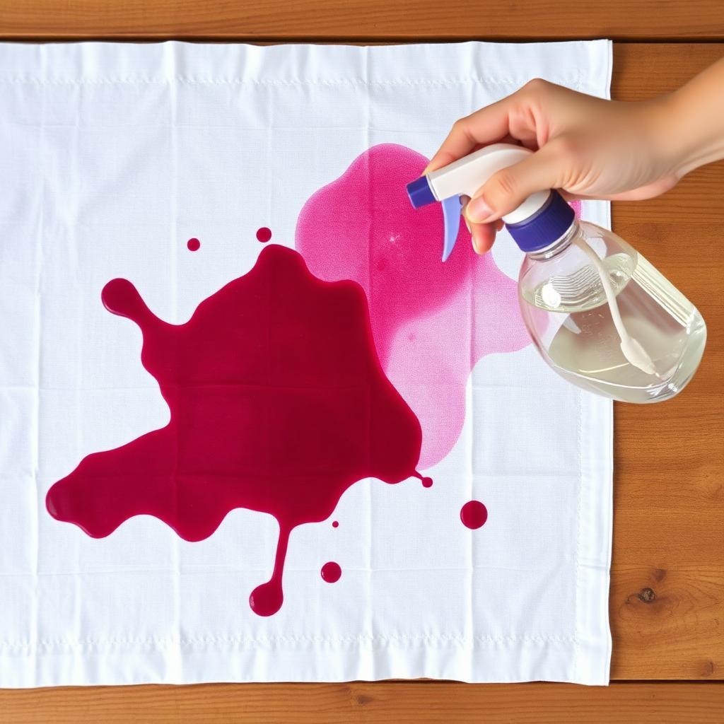 Red wine stain on a white tablecloth being treated with a spray bottle of stain remover