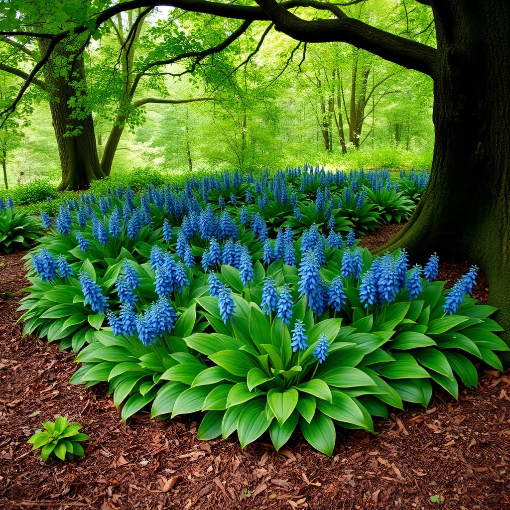 A shaded bed of blue green hostas under a tree canopy