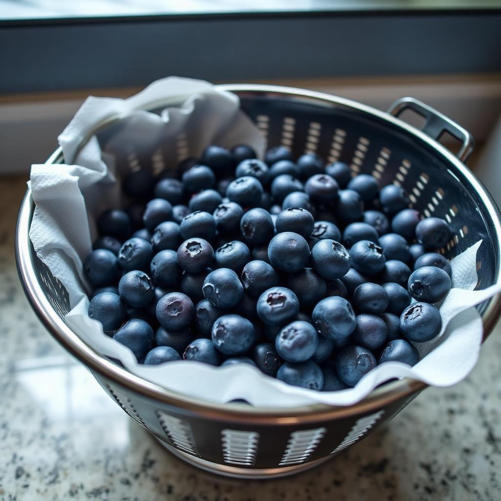 Fresh blueberries draining in a paper-towel-lined salad spinner basket, the key step to keeping blueberries dry in storage