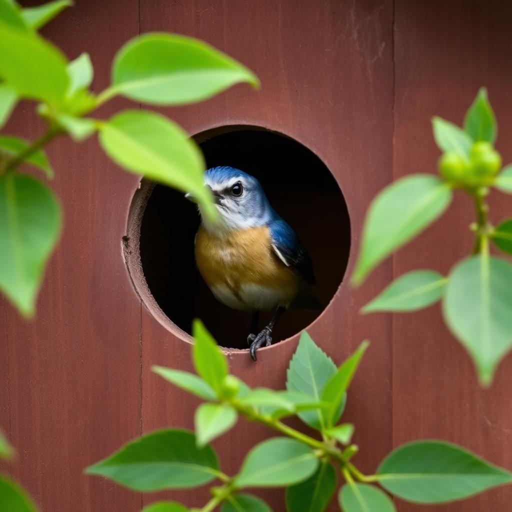 A small bluebird looking out from the round entrance hole of a wooden nest box surrounded by green foliage