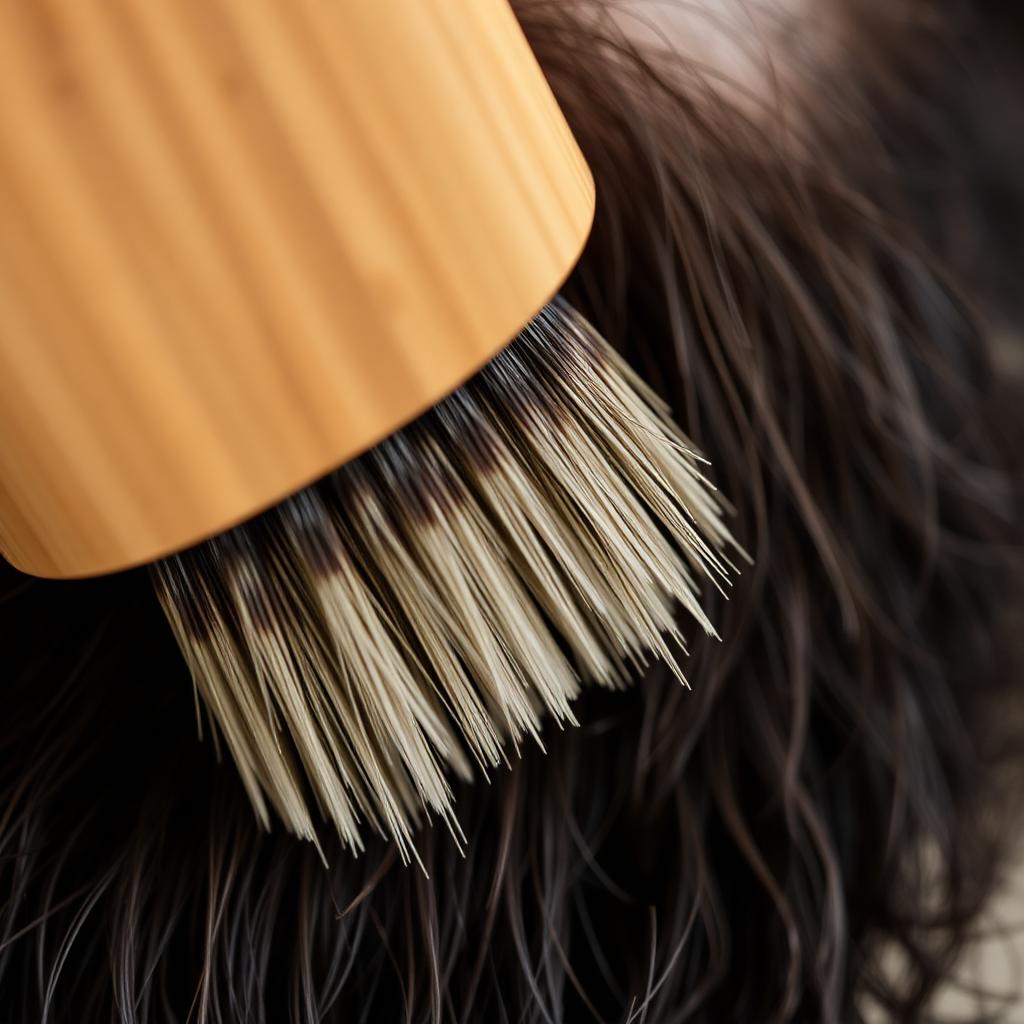 Wooden boar bristle brush stroking downward through a thick dark beard