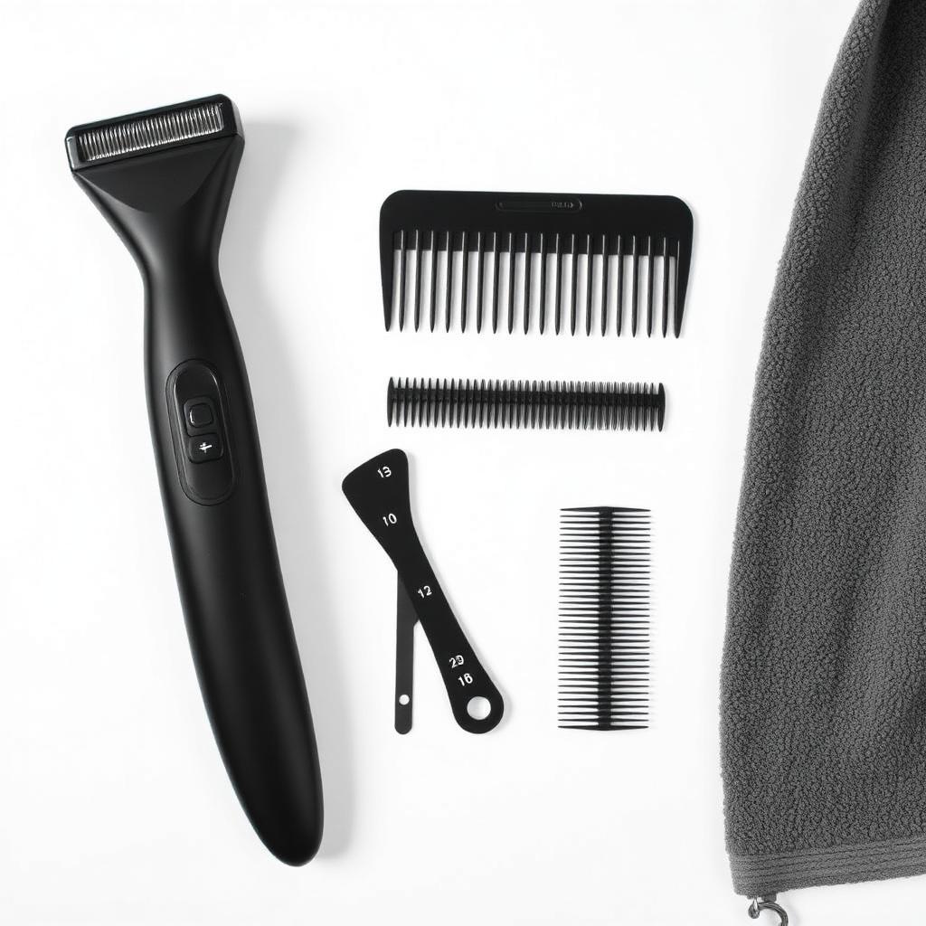 Matte black electric body groomer with several plastic guard combs on a folded gray towel