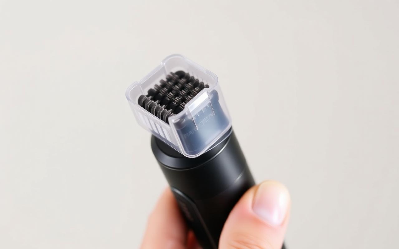 Cordless body trimmer with a rigid plastic safety guard attached, held in a hand against a neutral background