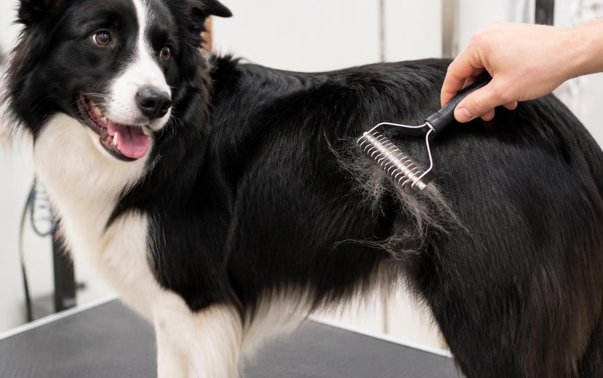 Hands using a stainless undercoat rake along the hindquarters of a black and white Border Collie on a grooming table