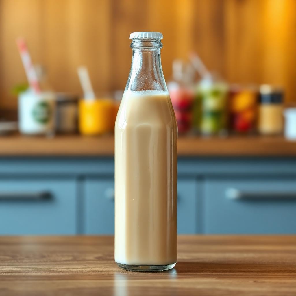 A tall unlabeled clear glass bottle of creamy tan coffee-milk drink standing on a wooden counter with softly blurred colorful drinks behind it