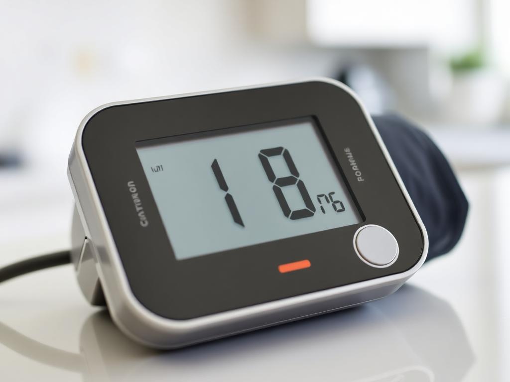 Close up of a digital blood pressure monitor display showing a reading