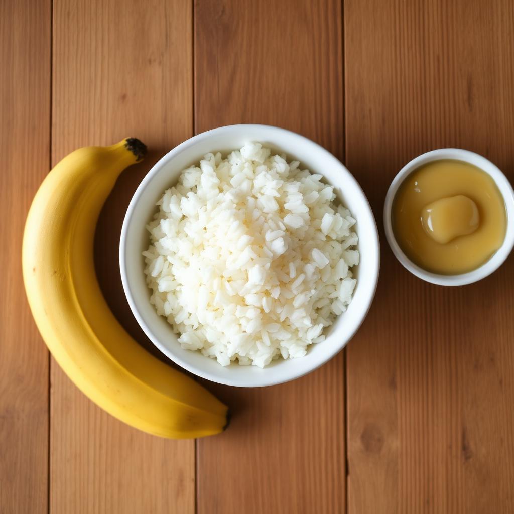 Bowl of plain cooked white rice next to a peeled banana and a small dish of applesauce on a wooden table