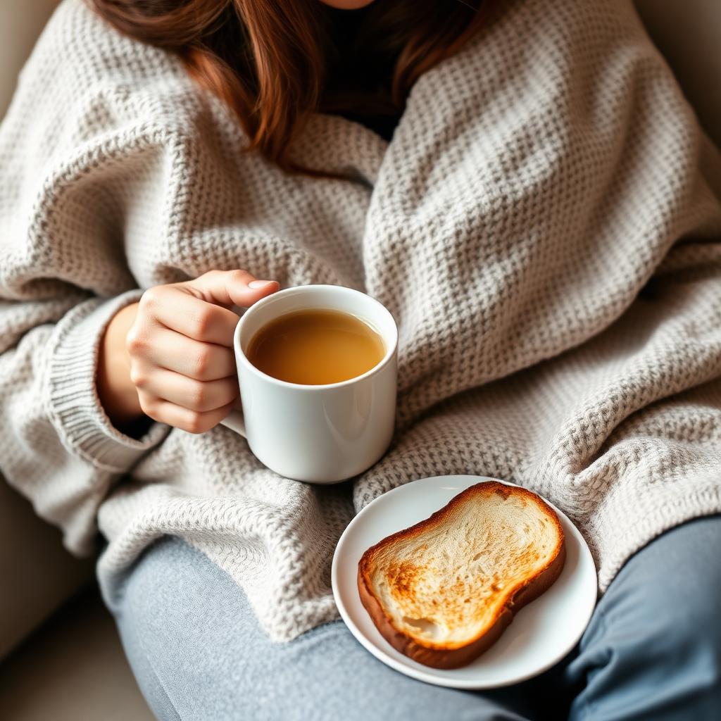 Person wrapped in a soft knit blanket holding a mug of clear broth with a slice of plain toast on a plate