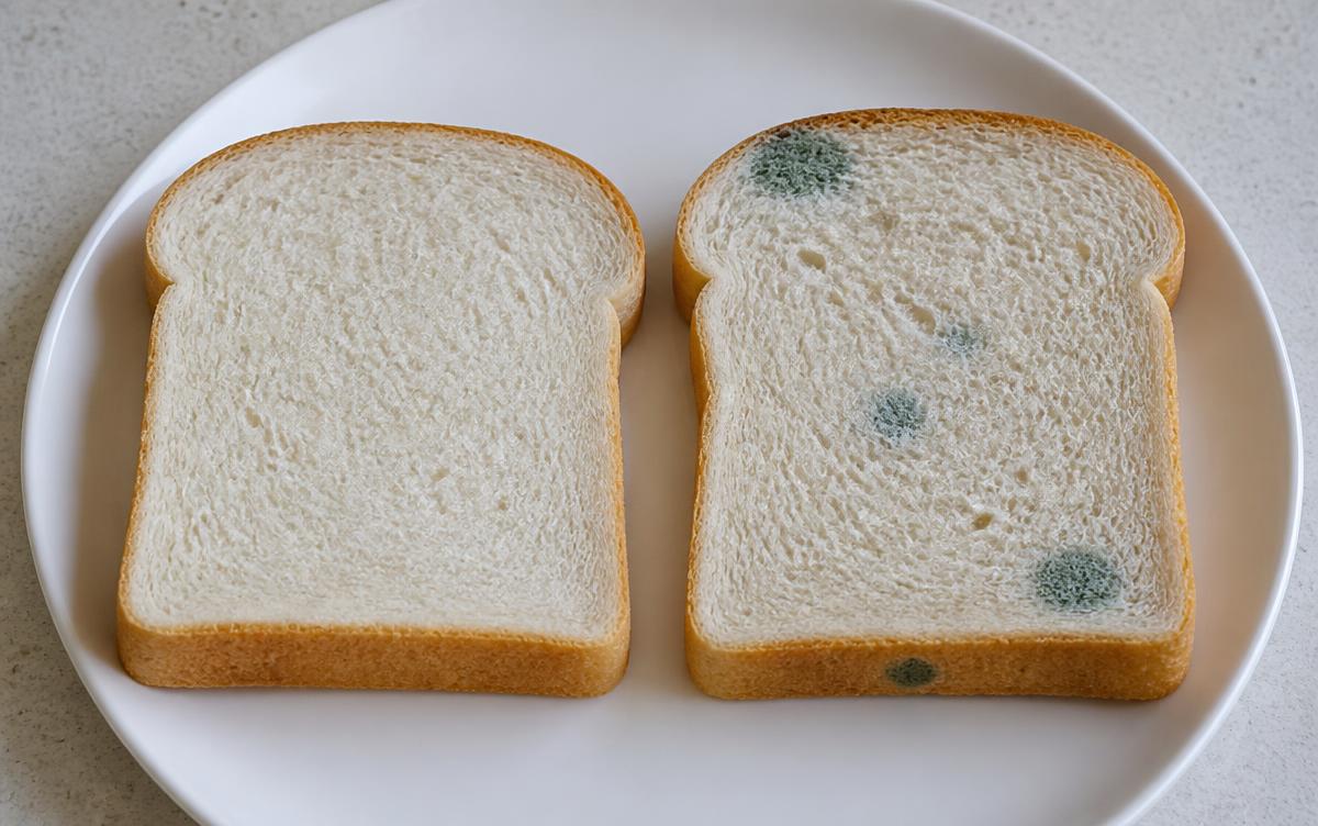 Two slices of bread side by side, one fresh and one with early mould spots