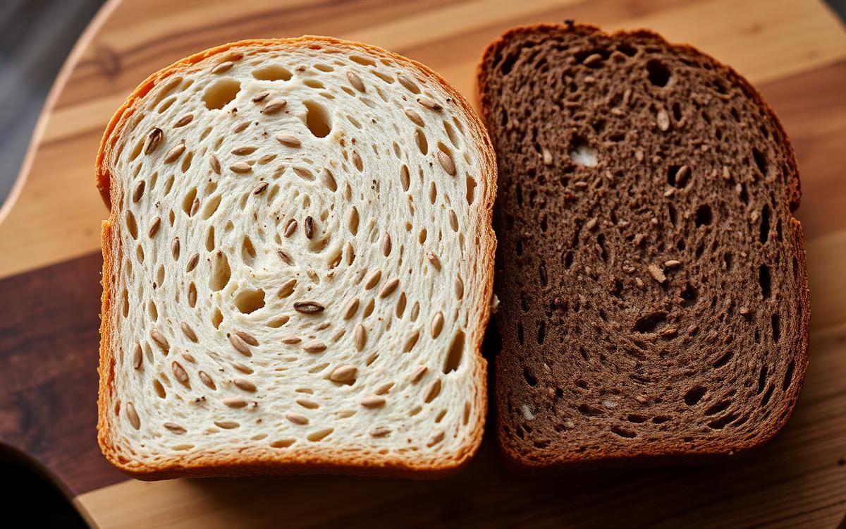 Close-up of two bread slices side by side on a wooden board comparing a pale seeded crumb with a dense dark whole grain crumb