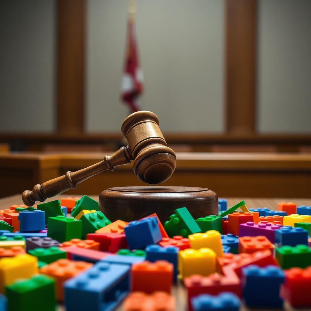 Wooden judge gavel resting on top of colourful plastic toy bricks scattered on a courtroom table, illustrating the Bricks and Minifigs RICO lawsuit