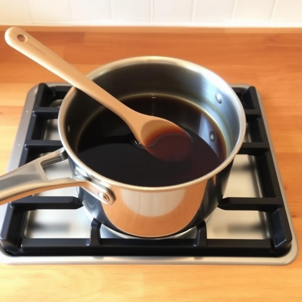 Stainless steel saucepan on a gas stovetop with dark simmering brown sugar syrup and a wooden stirring spoon