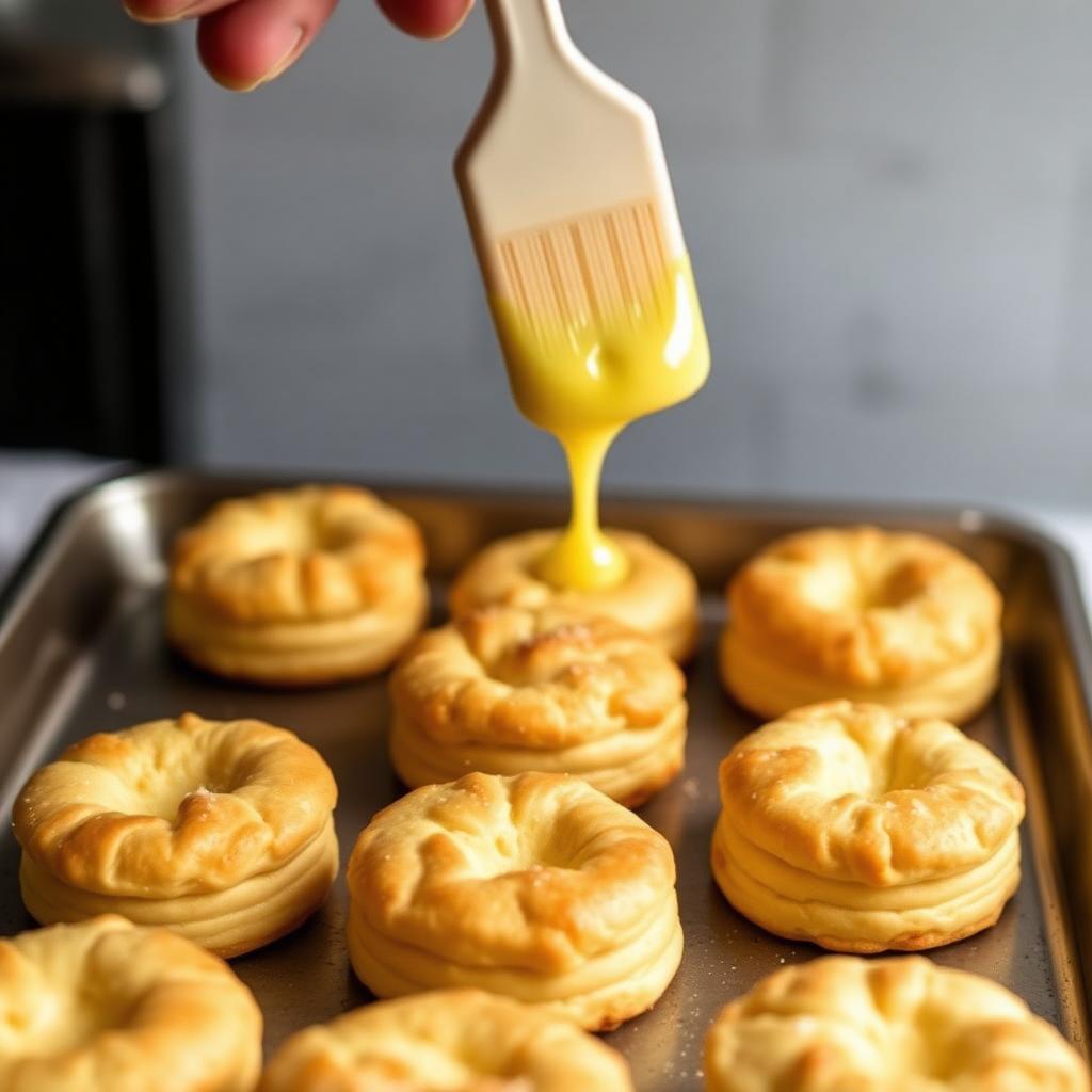A pastry brush glazing melted butter over tall golden biscuits on a baking tray